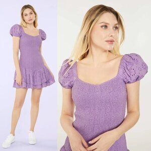 NEW Likely Tayaisha Dress Violet Eyelet Smocked Puff Sleeves Mini Dress 14